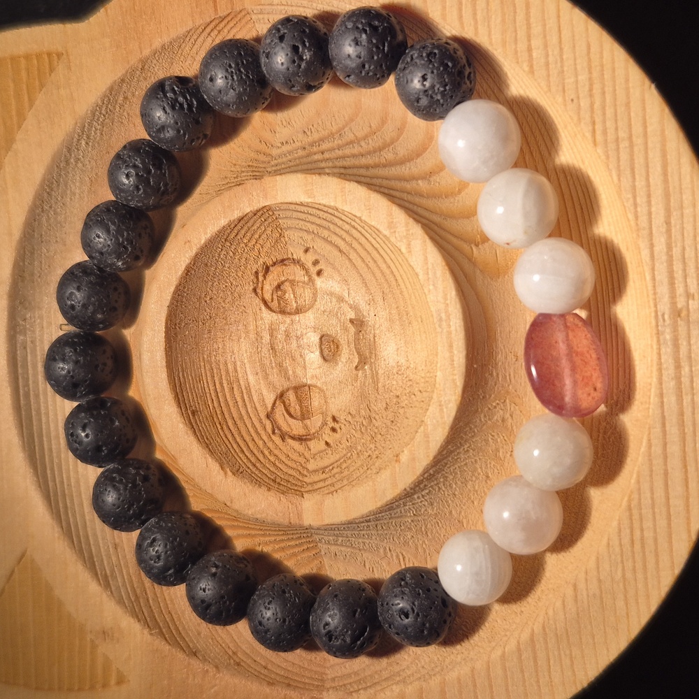 Moonstone and strawberry quartz with lava beads
